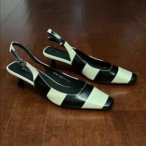 Fabulous Black and Ivory Leather Slingback Heels with Square Toes, Size 6.5
